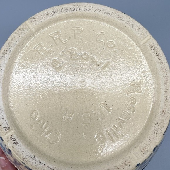 VTG R.R.P. Co Blue Spongeware Mixing Bowl 9" Robinson Ransbottom Roseville EUC - Picture 5 of 7